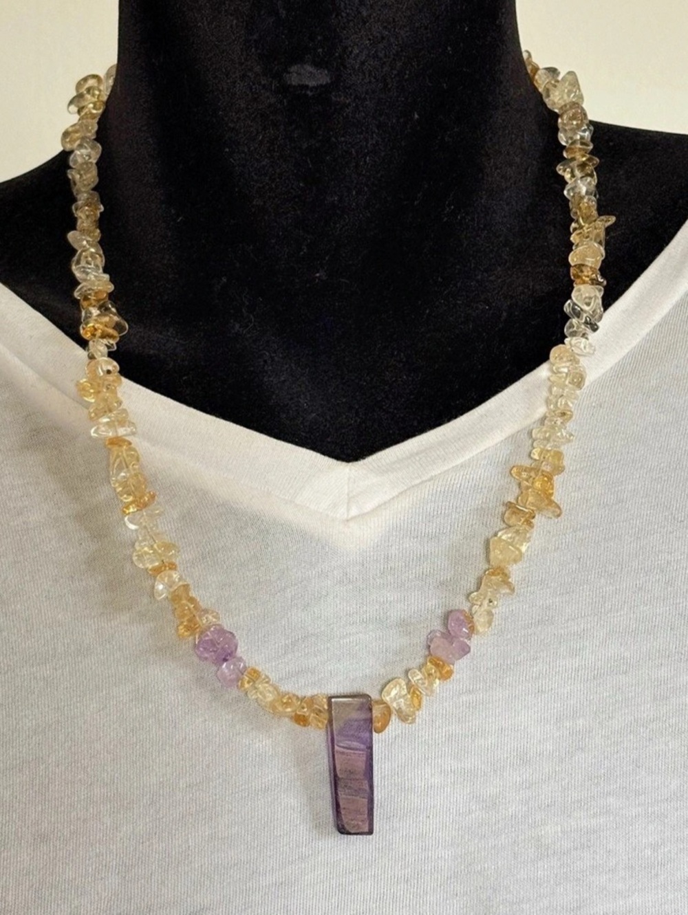 Handmade Amethyst and
Citrine Chip Bead Necklace with Amethyst Pendant